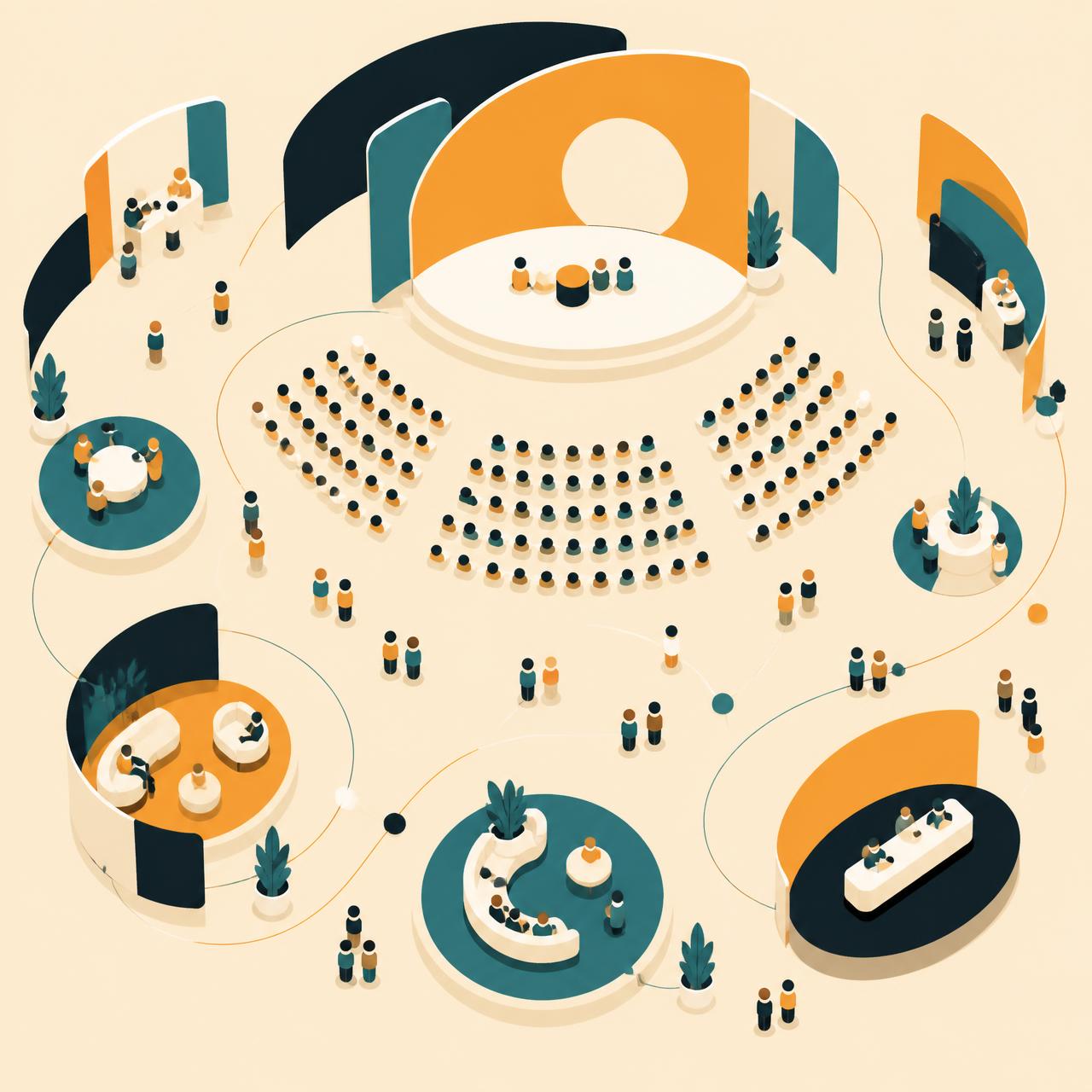 Vue illustrée d'un événement avec des groupes de participants reliés par des arcs de points aux couleurs affina